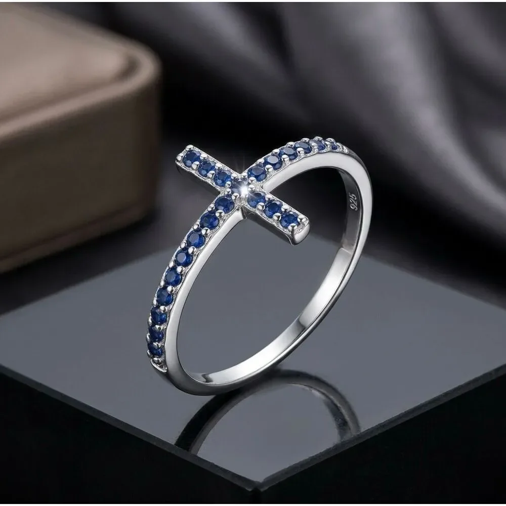 925 Sterling Silver Cross Ring Blue Sapphire CZ Band Sideways Faith Jewelry NEW